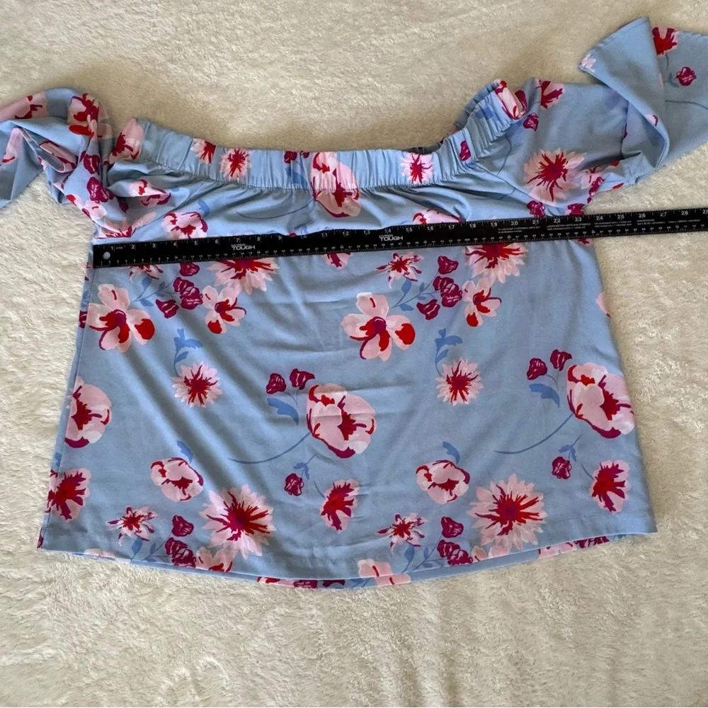 Mud Pie Blue Floral Off The Shoulder Bell Sleeve Blouse Large - Picture 8 of 10